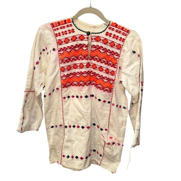 Vintage. Oaxaca orange white all embroidered aztec silver turquoise tunic top M - Picture 1 of 5